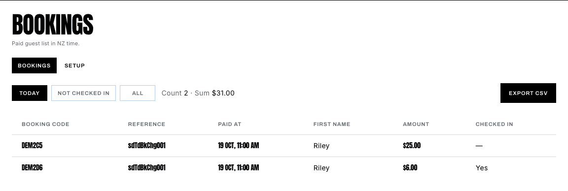 Bookings tab on Take bookings. Today’s passes show the code, when they paid, the amount, and whether they are checked in.