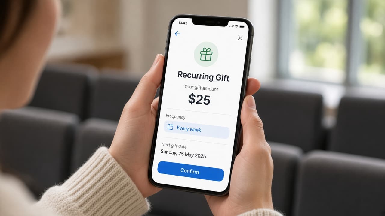 Church giver confirming a weekly Recurring Gift on their phone