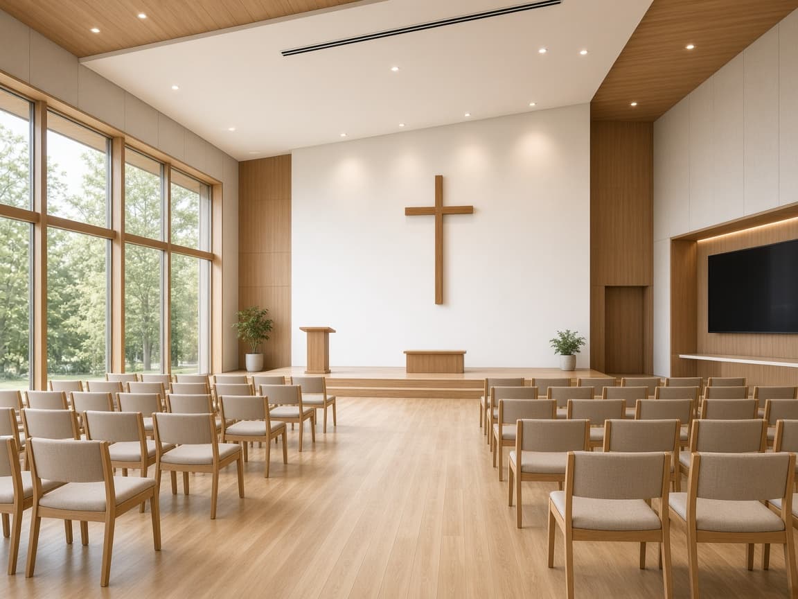 Quiet church interior with wooden pews